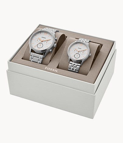 Fossil His and Her Fenmore Midsize Multifunction Stainless Steel Watch Gift Set