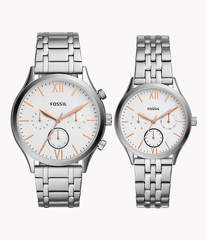 Fossil His and Her Fenmore Midsize Multifunction Stainless Steel Watch Gift Set