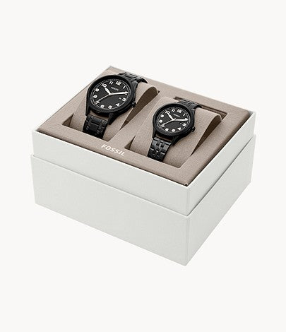 Fossil His and Her Wylie Three-Hand Black Stainless Steel Watch Box Set