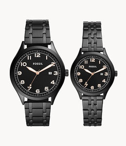 Fossil His and Her Wylie Three-Hand Black Stainless Steel Watch Box Set