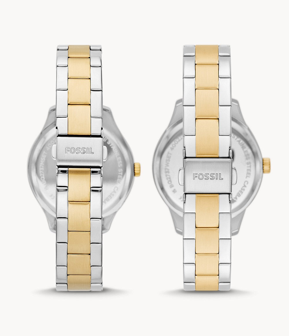 His and Hers Multifunction Two-Tone Stainless Steel Watch Set